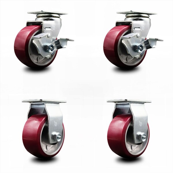 4 Inch Poly on Aluminum Caster Set with Ball Bearings 2 Brakes 2 Rigid SCC